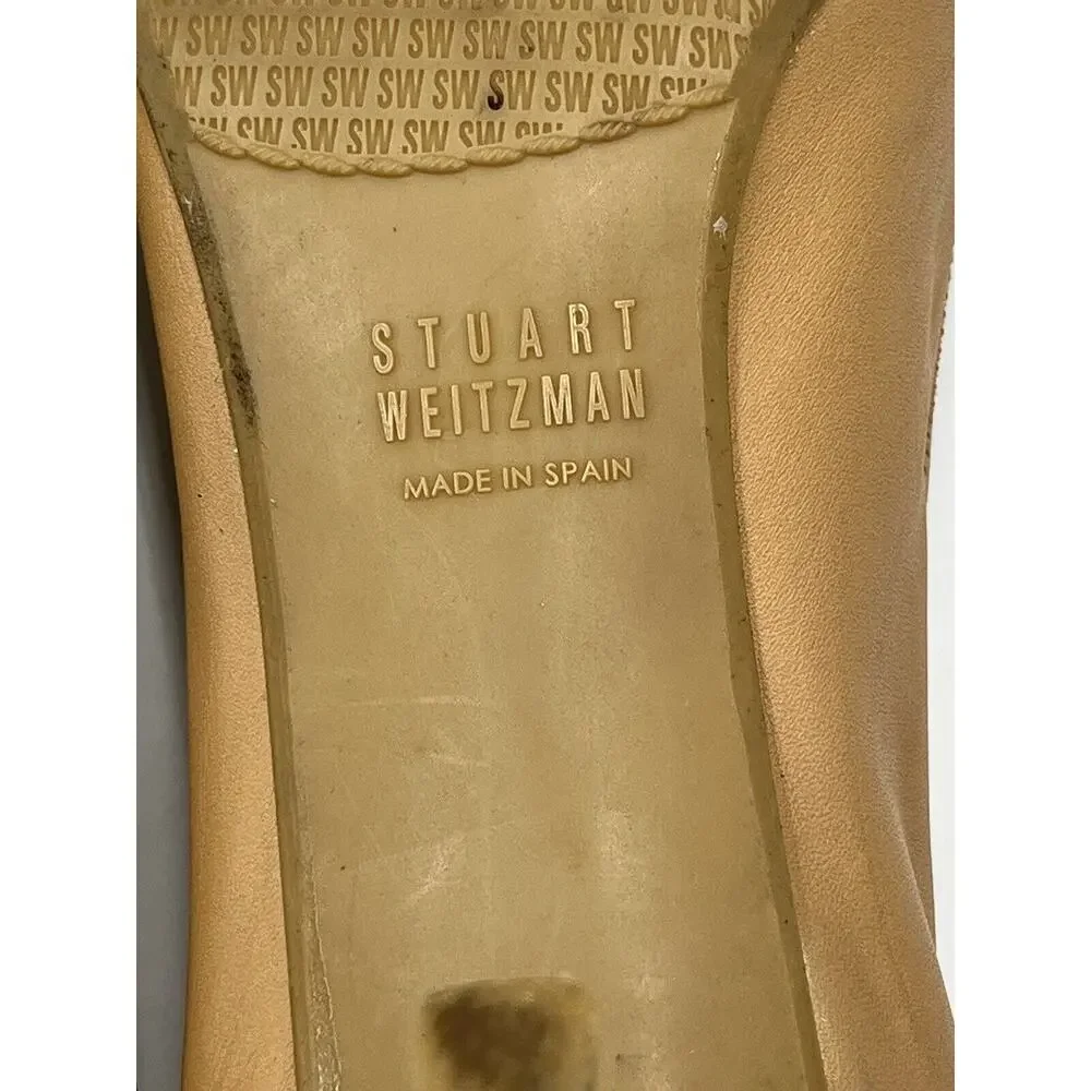 Stuart Weitzman Nude Tan Leather Patent Cap Toe Classic Heel Gold‎ Accent Sz 9.5